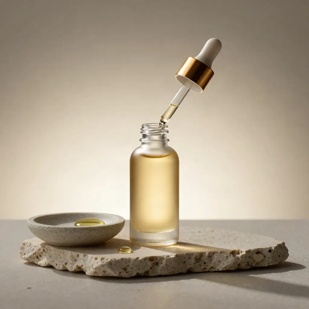 Gold tincture bottle with dropper, stone dish, and oil droplets on pale limestone.
