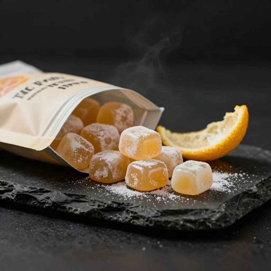 Open pouch of THC fruit chews with glossy candies tumbling over stone and citrus peel.