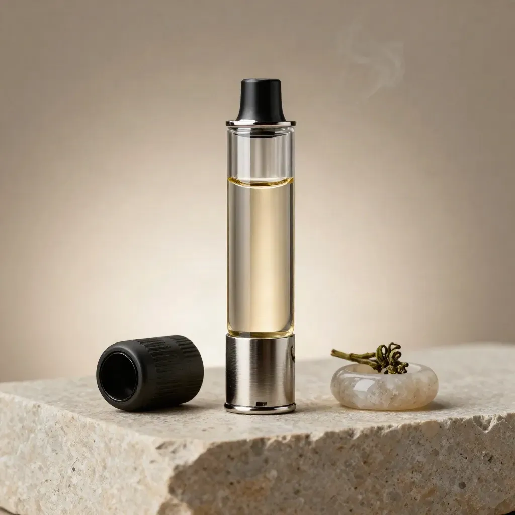 Unlabeled vape cart with cap, metal stand, stone ring and herb sprig in soft studio light.