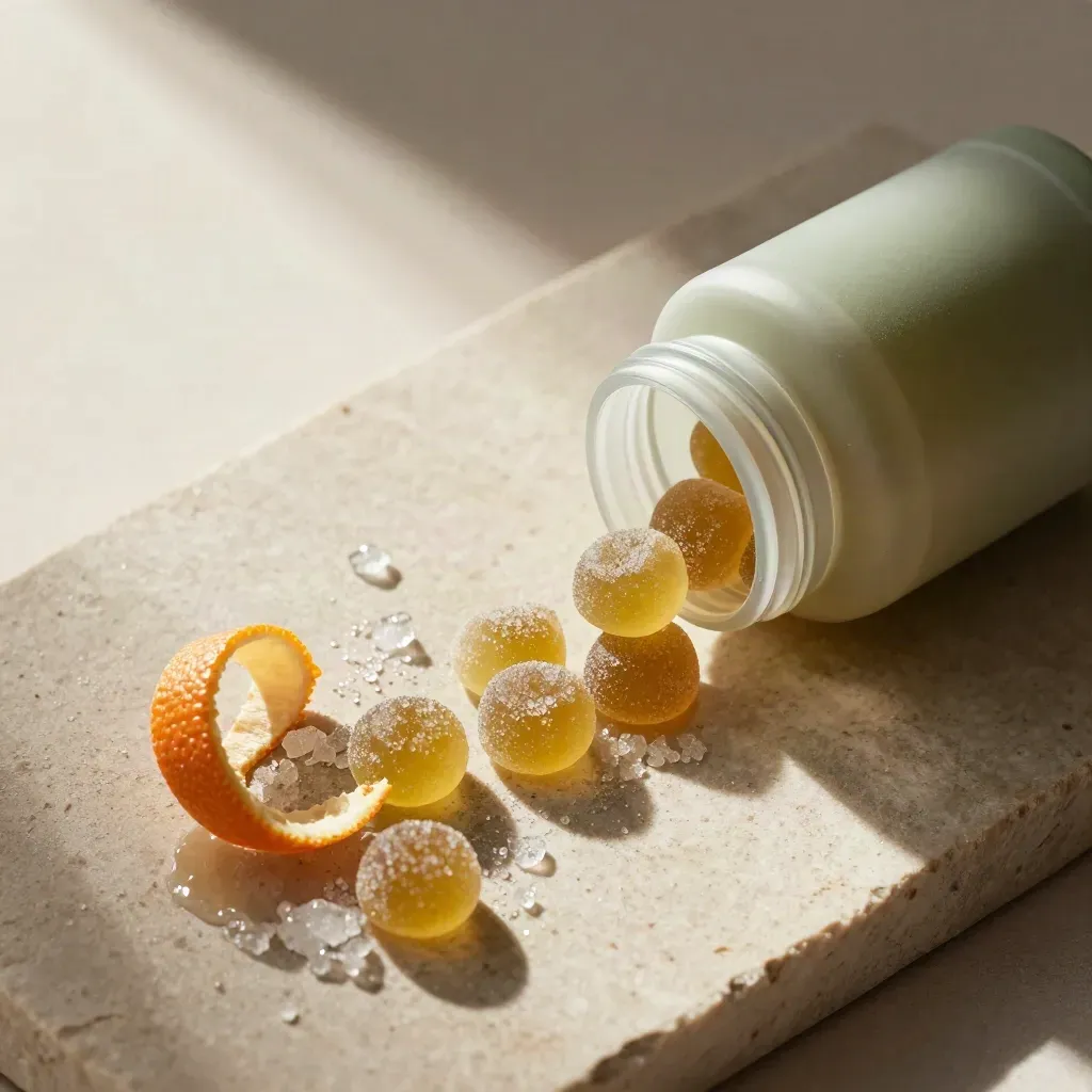 Overhead sour THC gummies jar with citrus peel, ice crystals, and scattered chews on pale stone.