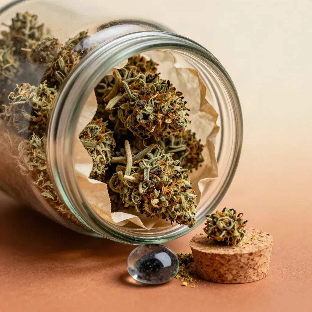 Open hemp flower jar with buds, cork scoop, parchment folds and glass pebble in macro