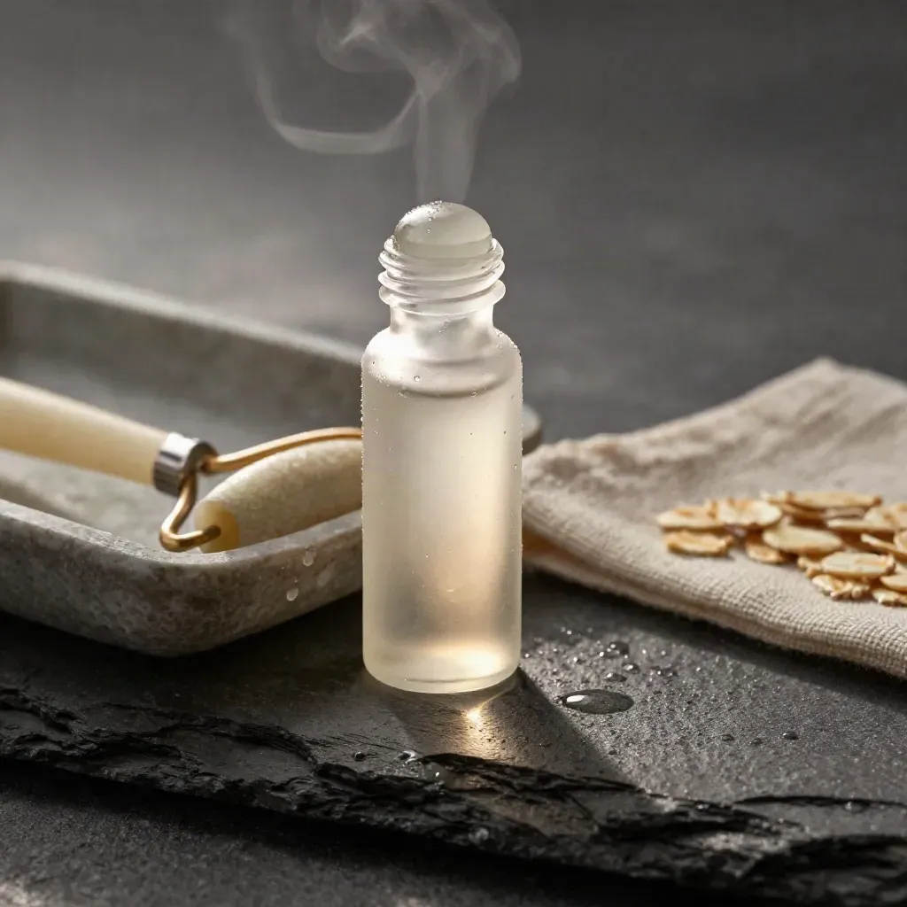 Frosted roll-on bottle with condensation, stone tray, and folded linen on slate