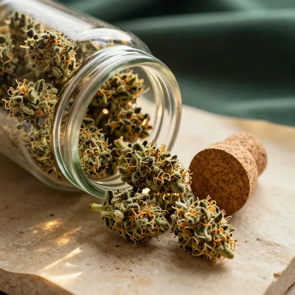 Macro of a clear THC flower jar, cork scoop and buds on parchment with an emerald accent.