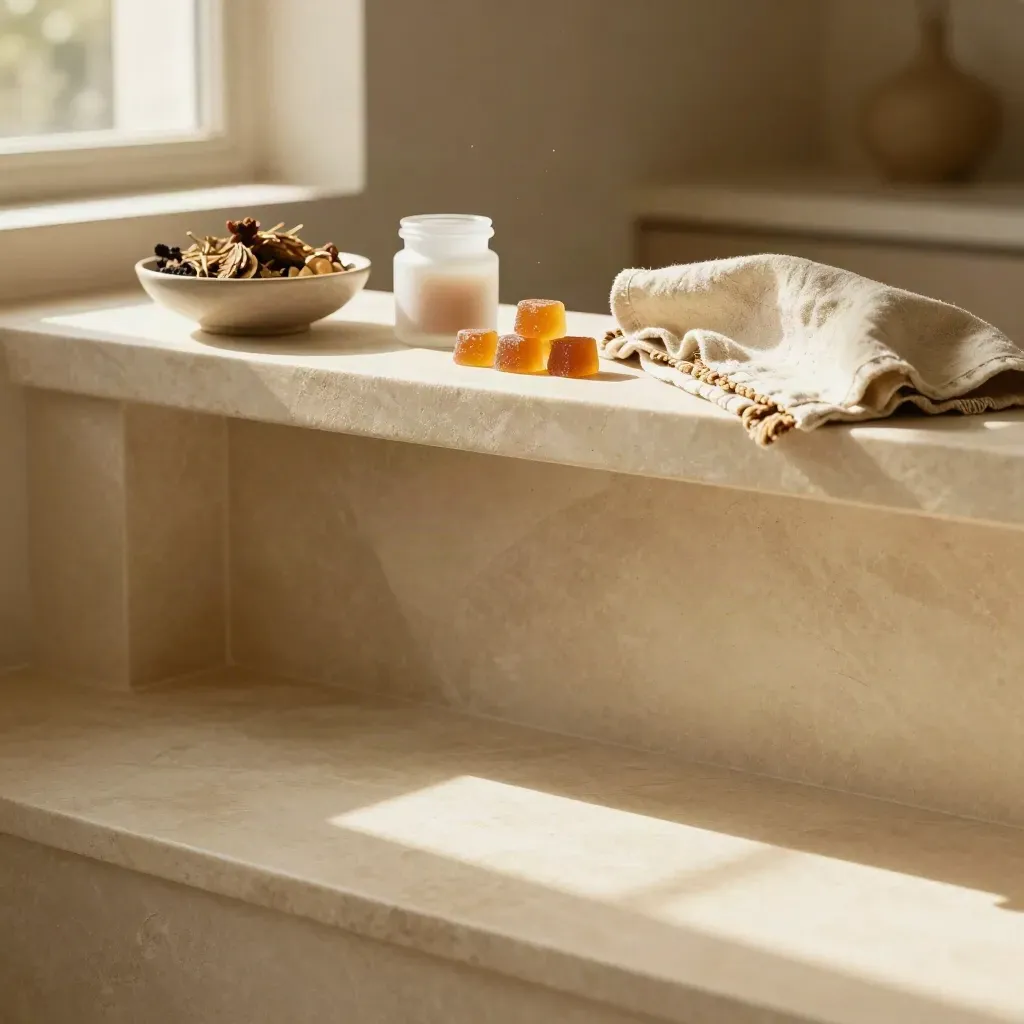 Sunlit cream stone nook with marble ledge, dried botanicals, and amber gummy edibles.