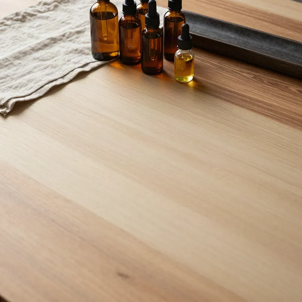 Amber tincture bottles and oil vial on warm wood with calm copy space above.