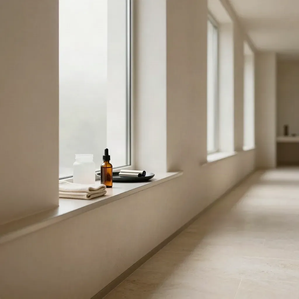 Sunlit plaster corridor with spa products on a ledge and calm open space for copy