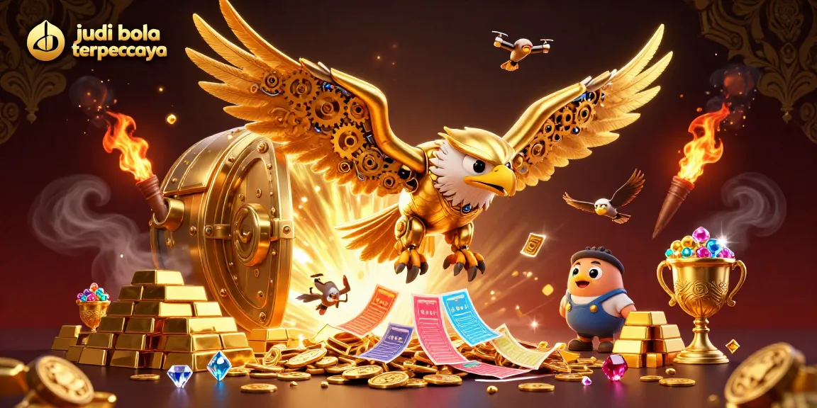 Engage in thrilling judi bola terpercaya with a cybernetic eagle navigating a vibrant gambling scene.