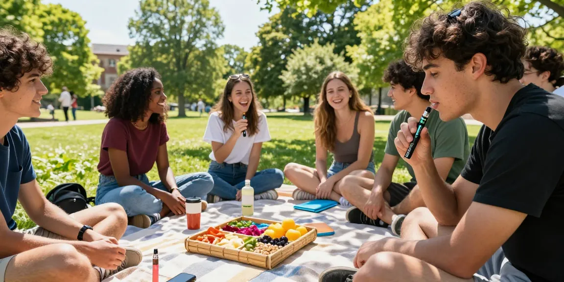 Group of friends enjoying outdoor wellness time with muha meds disposable vape showing natural, quality cannabis experience.