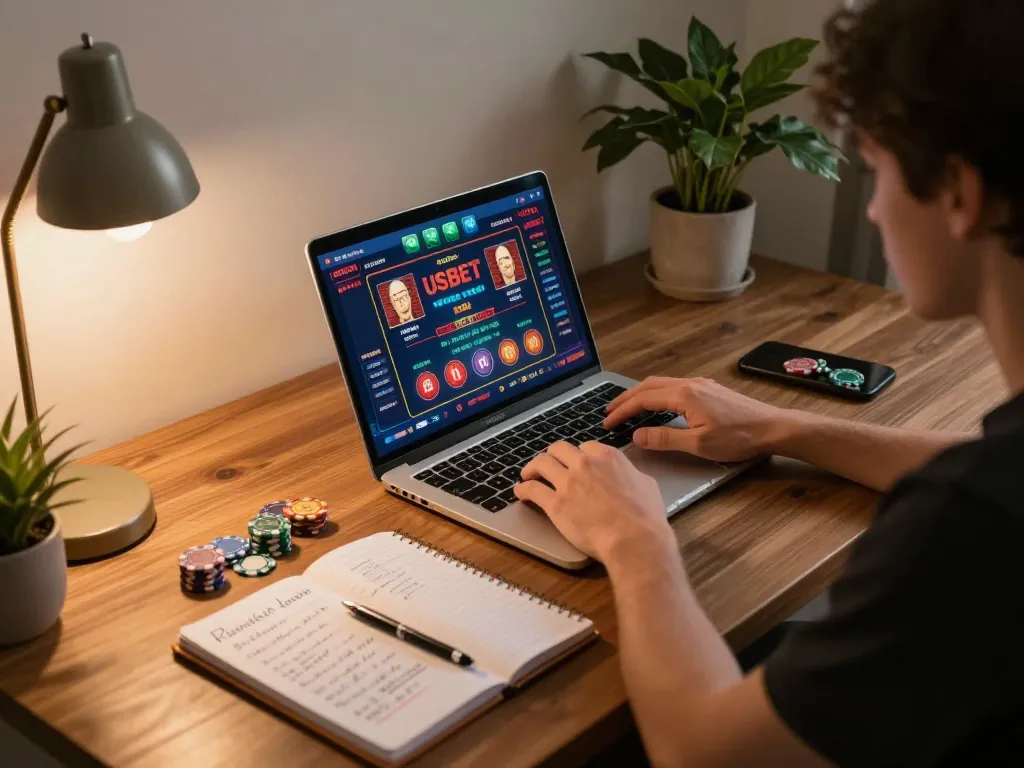 Engaged player enjoying USBET online gaming on a laptop, showcasing strategic betting environment.