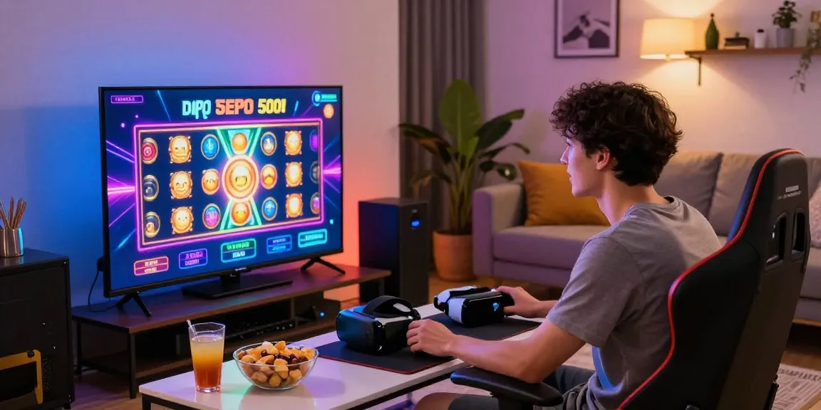 Exciting moment playing slot depo 5000 games on a large screen in a modern living room.