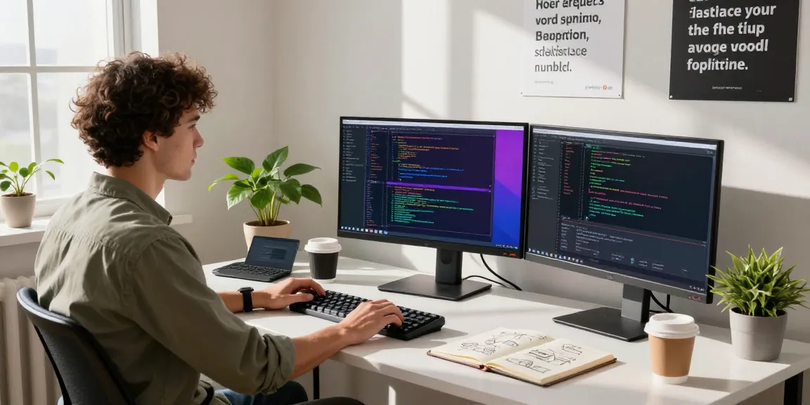 Developer coding in a bright workspace with 纸飞机中文版 on multiple screens, showcasing a modern tech environment.