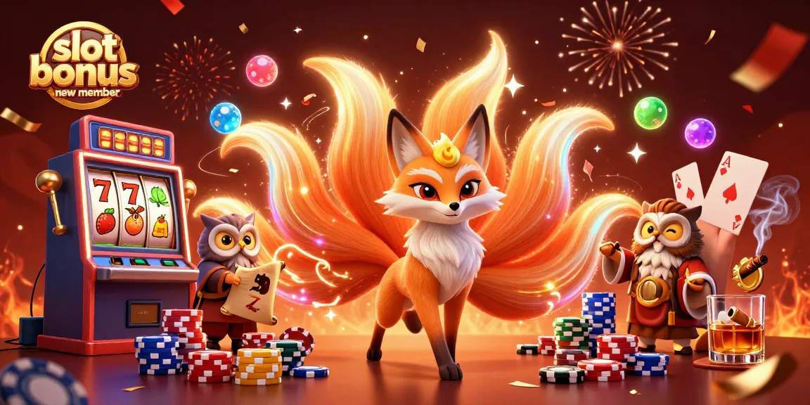 Engage with slot bonus new member featuring a vibrant scene of a fox spirit and a sage amidst casino elements.