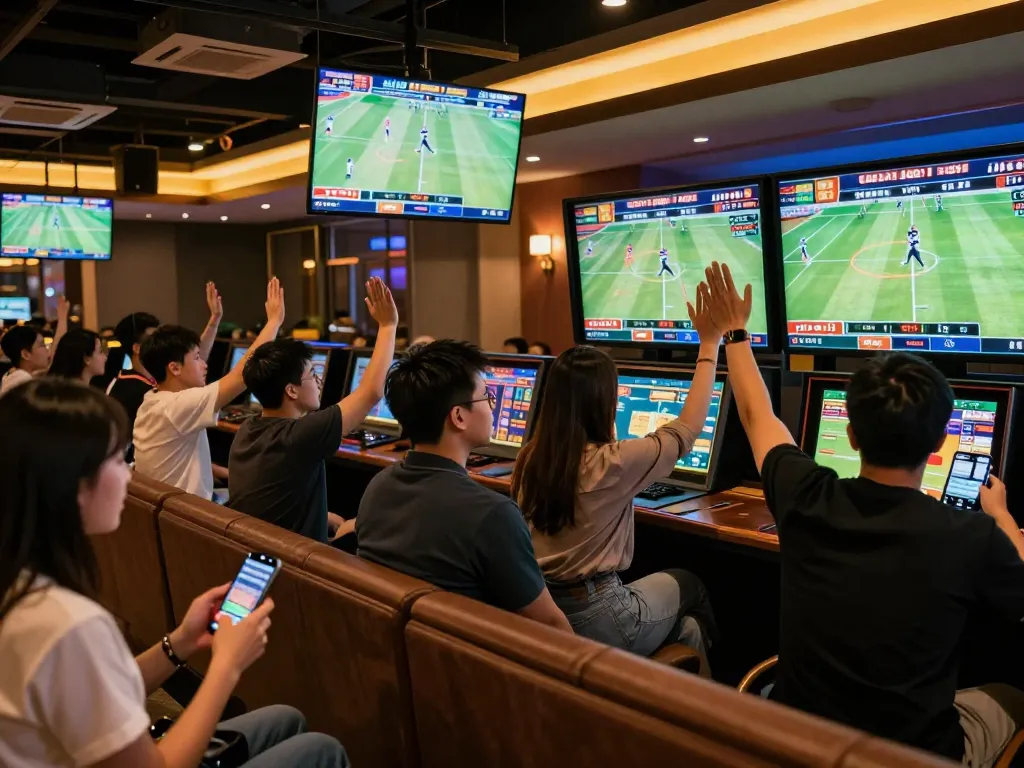 Fans engaging in sports betting using keo nha cai in a vibrant lounge atmosphere