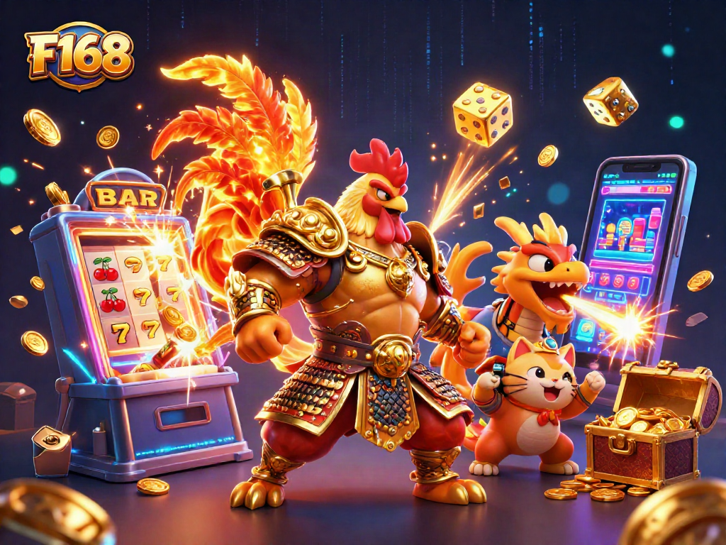 Experience F168 gaming with a fierce rooster, dragon, and fortune cat amid casino thrills.
