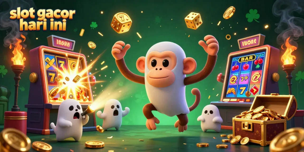 Experience the thrill of slot gacor hari ini with this captivating illustration of a playful monkey and ghost-hunting puppy in a vibrant casino.
