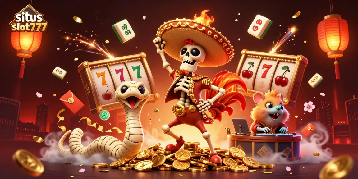 Situs slot777 showcases thrilling slot games with a vivid 3D illustration of playful characters amidst vibrant casino elements.