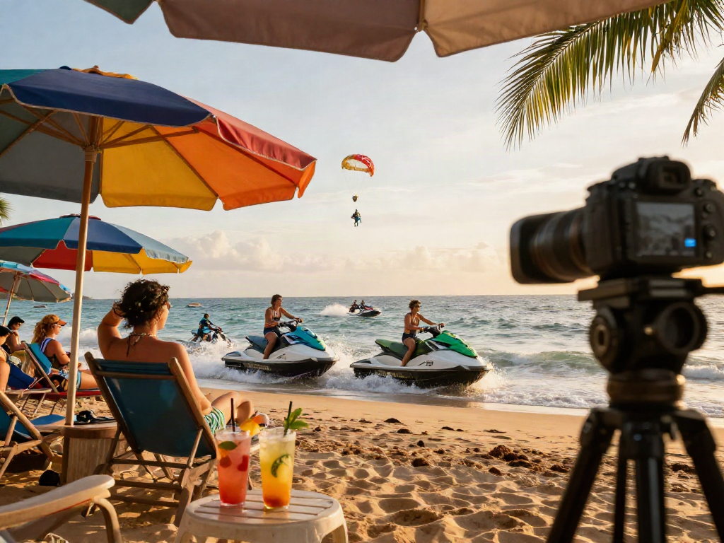 LUXURY111 Link Alternatif di pantai resor tropis saat matahari terbenam, teman-teman menikmati aktivitas air dan kebahagiaan
