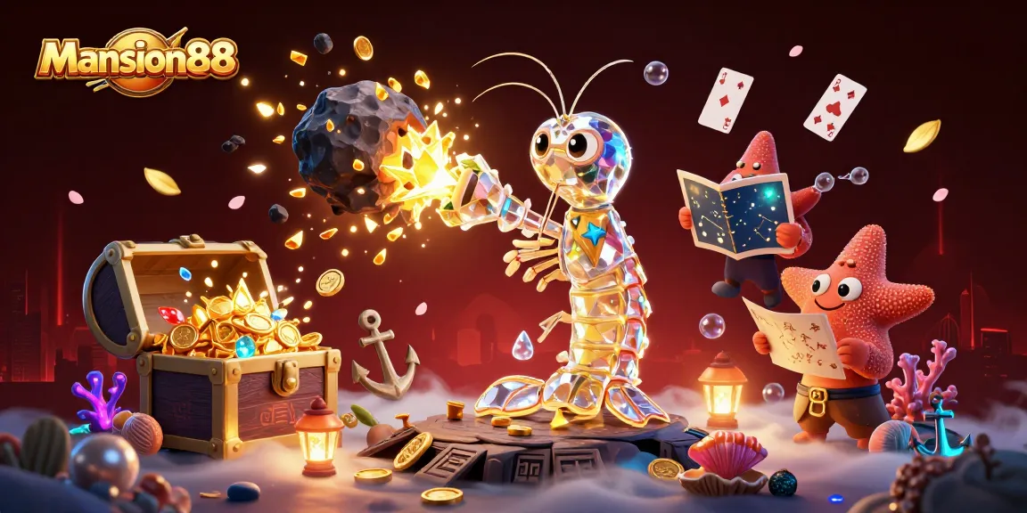 Mansion88 brings thrilling casino action with cartoon samurai and gold explosions amid vibrant underwater treasures.