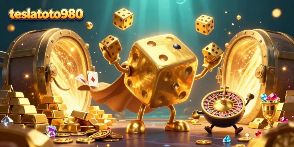 Engage in thrilling action with teslatoto980, featuring a vibrant scene of golden dice, cards, and treasure.