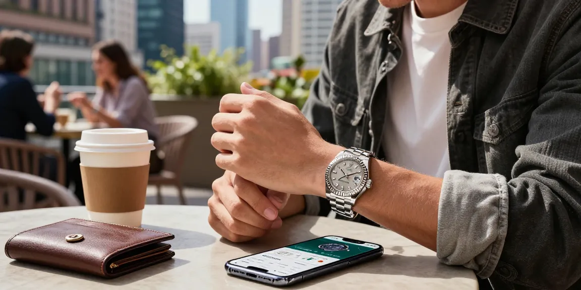 Luxury watch enthusiast admiring a rolex replica at an outdoor café, capturing elegant lifestyle and city vibes.