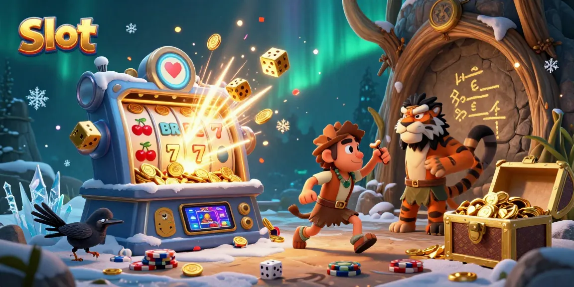 Spin and win big at a prehistoric casino featuring a slot machine with flying symbols and gold.