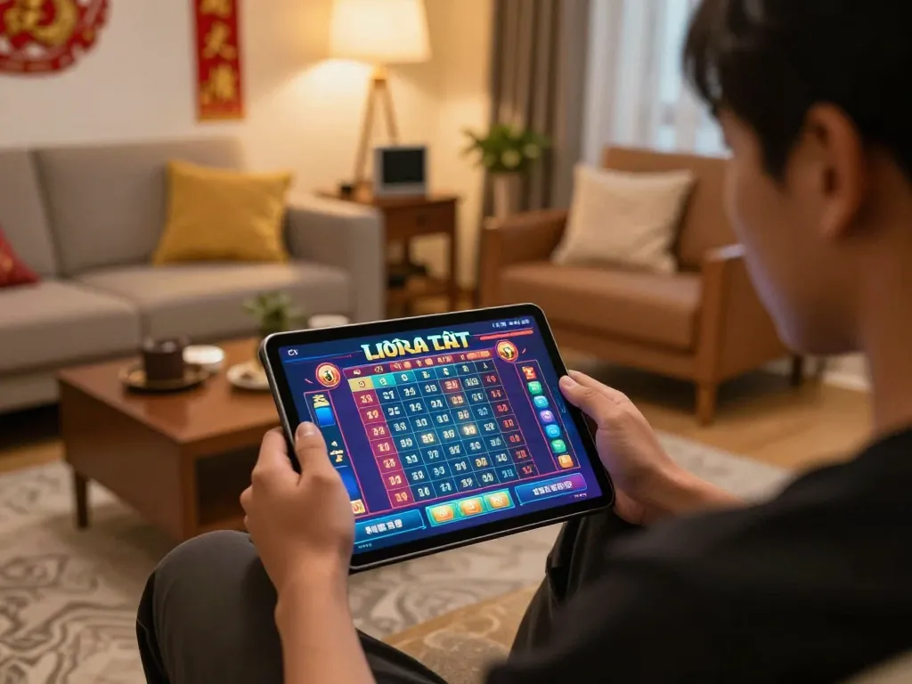 Person actively betting on lô đề using a tablet in a cozy home setting with warm lighting