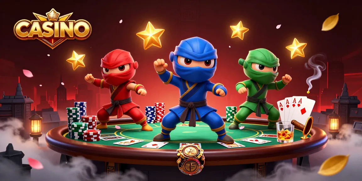 Engaging casino scene with ninja chameleons showcasing poker skills under lantern light.