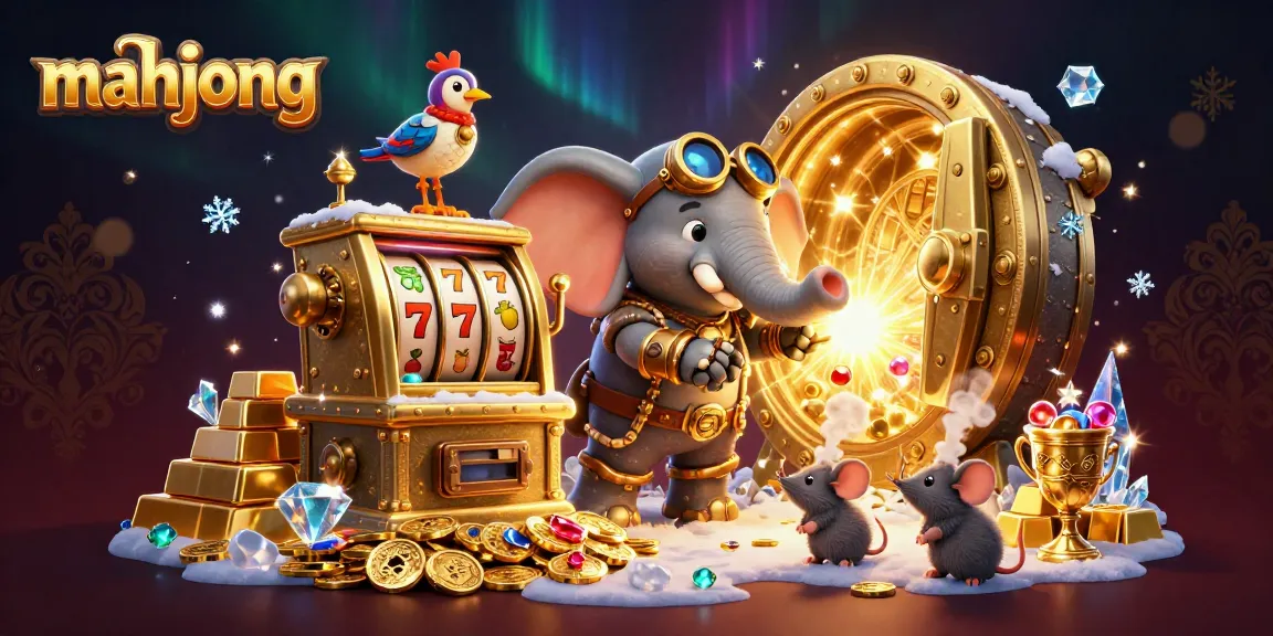 Engage in Mahjong fun with a vibrant illustration of a steampunk elephant and dynamic casino elements.