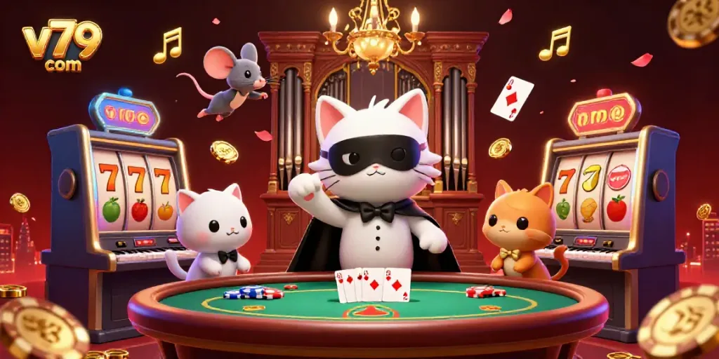 Engage with v79 com through this vibrant casino scene featuring a charming phantom cat at an ornate organ.