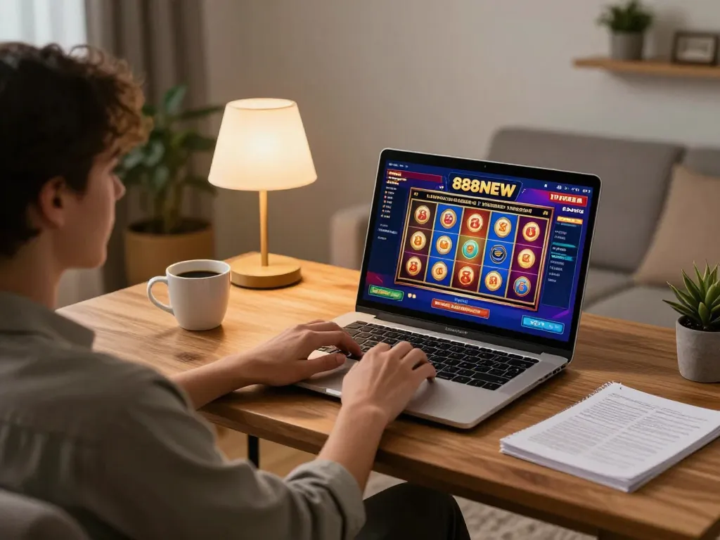 Player engaged in 888NEW online slot gameplay with vibrant reels in a cozy setting.