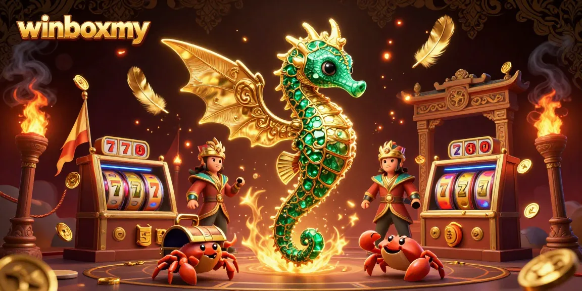 Experience winboxmy's exciting gaming world with a vibrant illustration of a dragon, gold coins, and slot symbols.