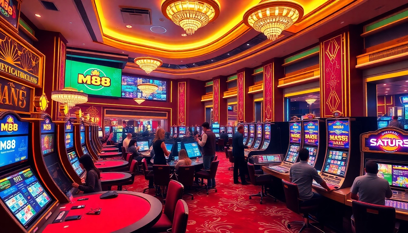 Engaging casino atmosphere featuring nhà cái M88, vibrant gaming tables, and enthusiastic players.