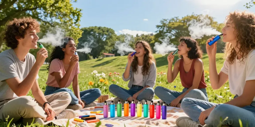 Friends enjoying Hitz infinity Gen 7 vapes in a lively outdoor picnic setting.