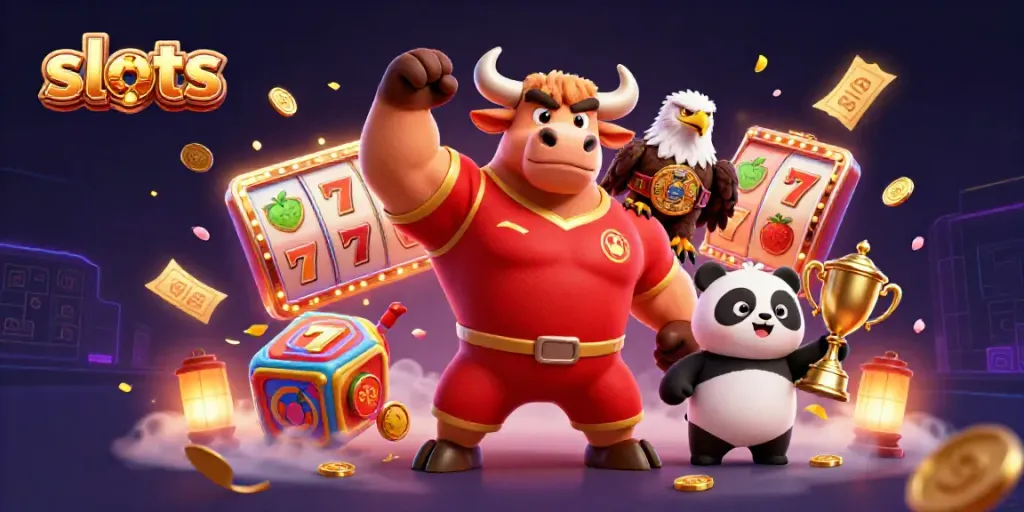 Play thrilling slots with excitement showcased by engaging characters and dynamic casino elements.