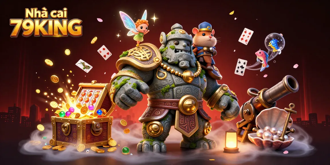 Experience the magic with Nhà cái 79KING as a golem guardian and fairy companion reveal treasures in a colorful casino setting.