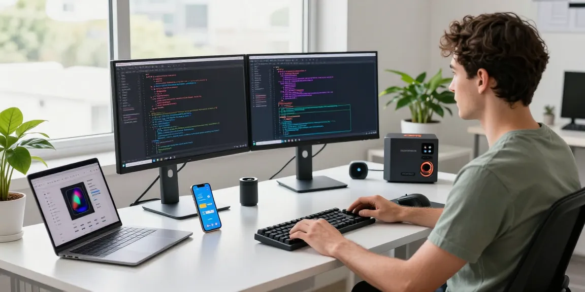 Developer coding in a modern workspace with dual monitors showcasing WhatsApp電腦版 interface and tech gadgets.