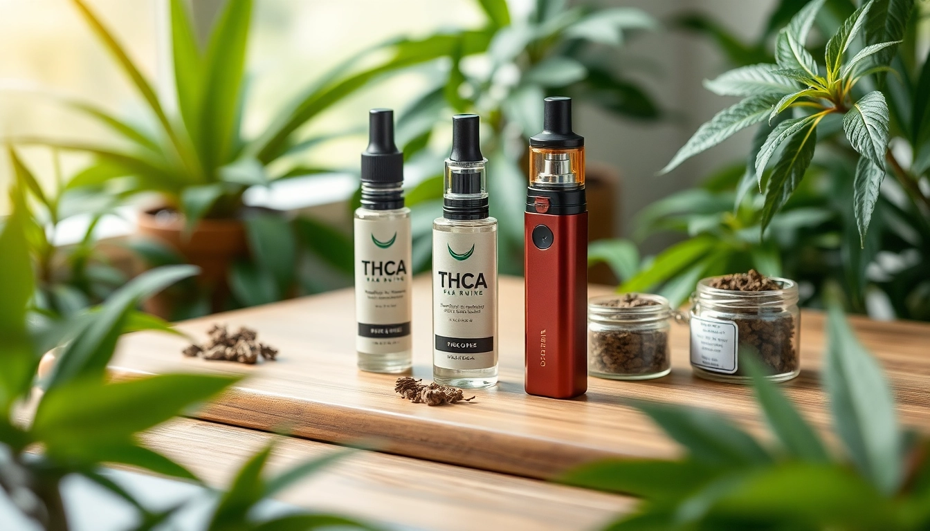Showcasing THCA vapes elegantly arranged with herbs on a wooden table.
