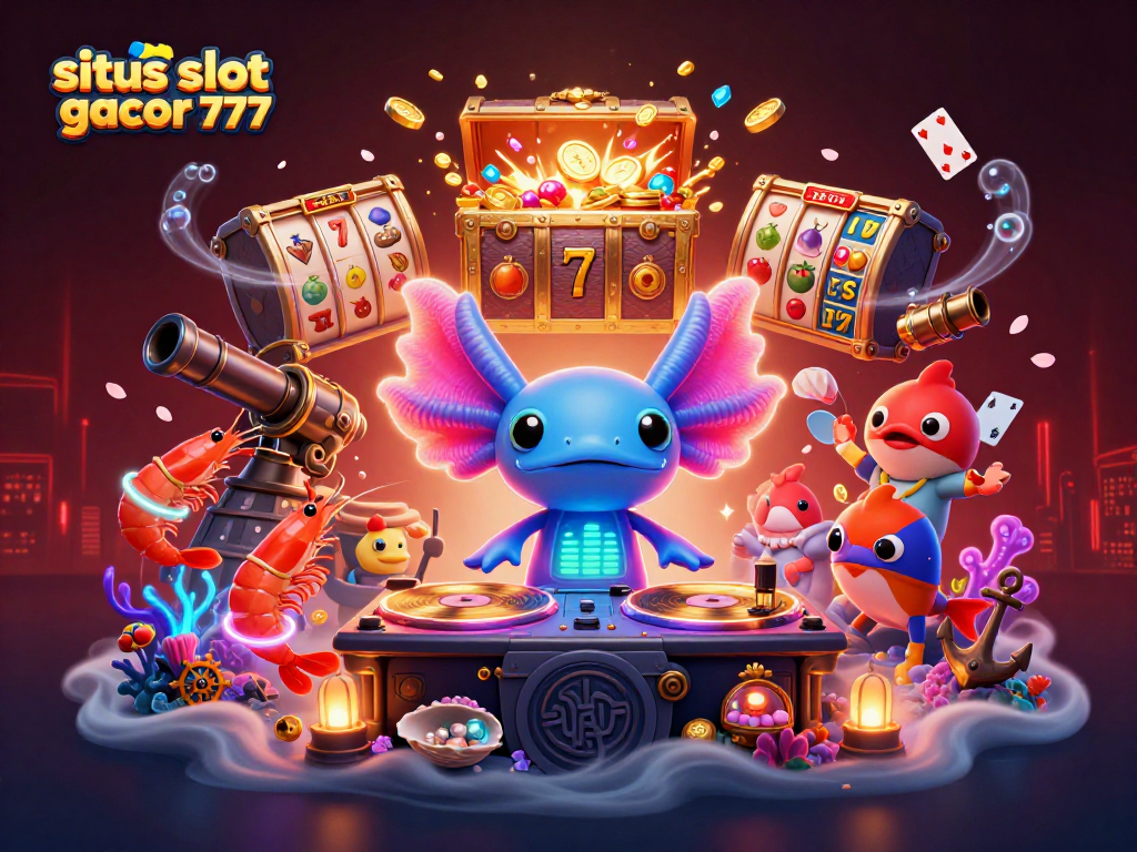 Experience situs slot gacor 777 with the vibrant underwater party scene featuring a DJ axolotl, slots reel, and dancing shrimp.