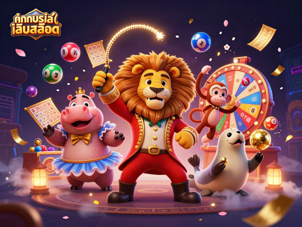 Try your luck with ทดลองเล่นสล็อต featuring vibrant circus characters and dynamic gaming elements amidst a festive atmosphere.