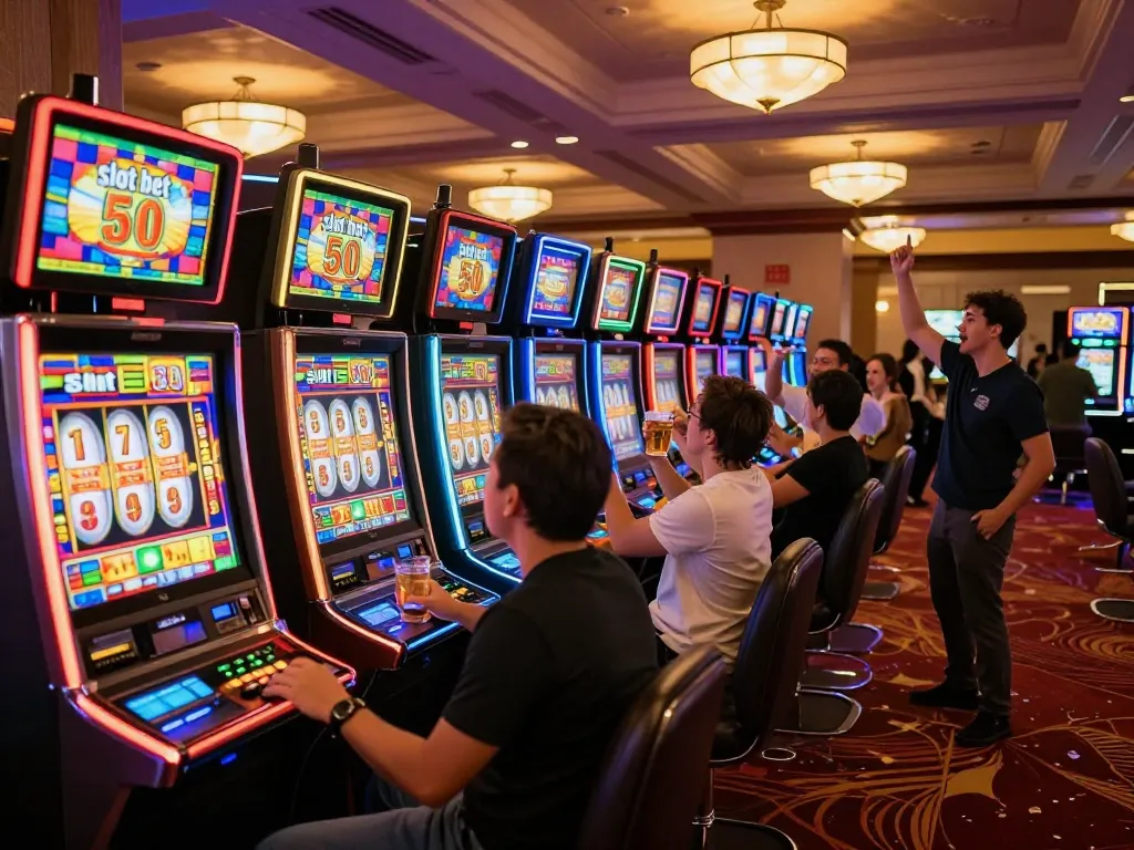 Players engaging in a lively casino slot machine area with the "slot bet 50" for exciting wins.