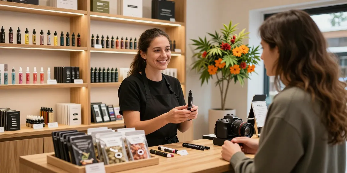 Customer shopping for premium THC vape products at a modern shop in Europe.