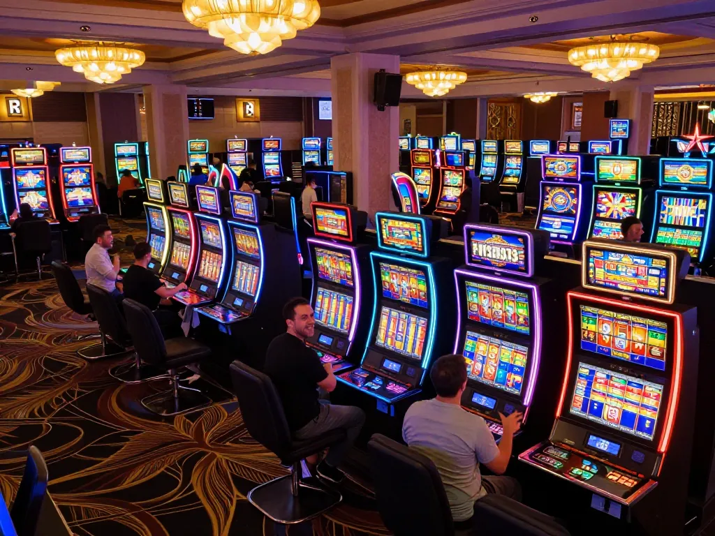 situs slot players celebrating wins at colorful machines on a lively casino floor