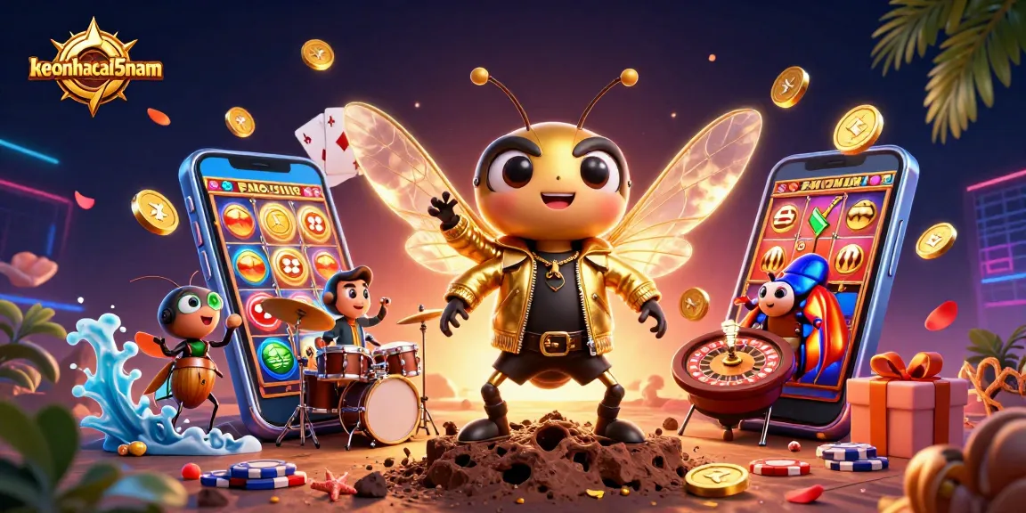 Spin the reels with keonhacai5nam's vibrant 3D casino scene featuring a cartoon cicada rock star.