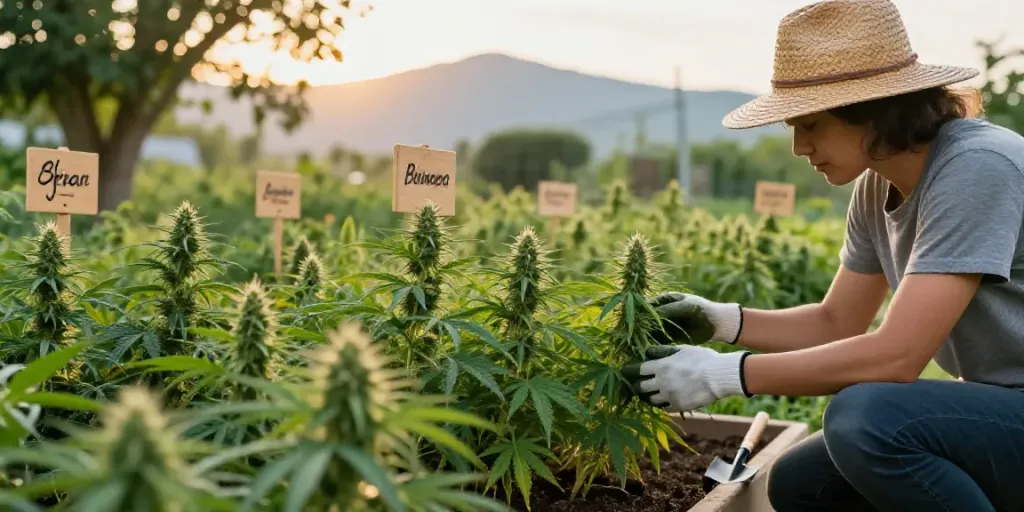 Wunderschöne Cannabis Pflanzen im Garten während der goldenen Stunde, ideal für Cannabissamen kaufen.