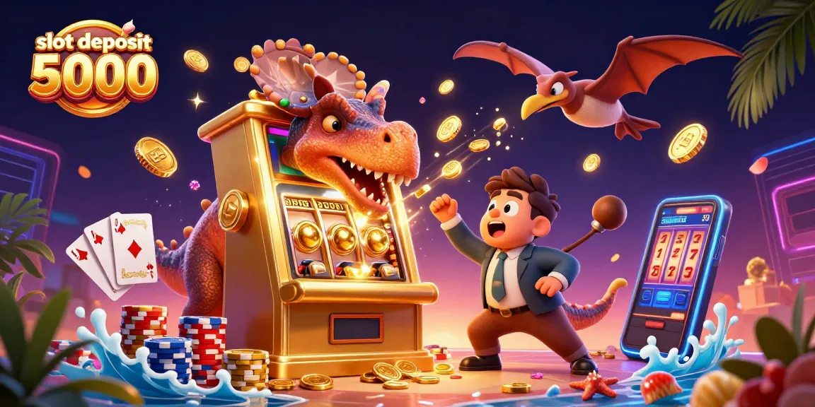 Catch the excitement with slot deposit 5000 as a dinosaur wins a jackpot from a golden slot machine!