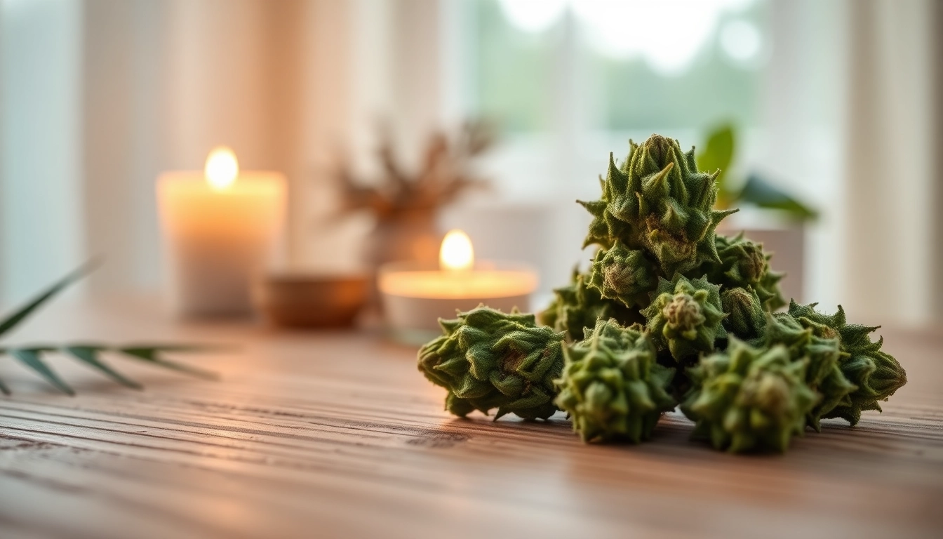 Enhance your relaxation with Mental Wellness CBD buds artistically presented on a wooden table.