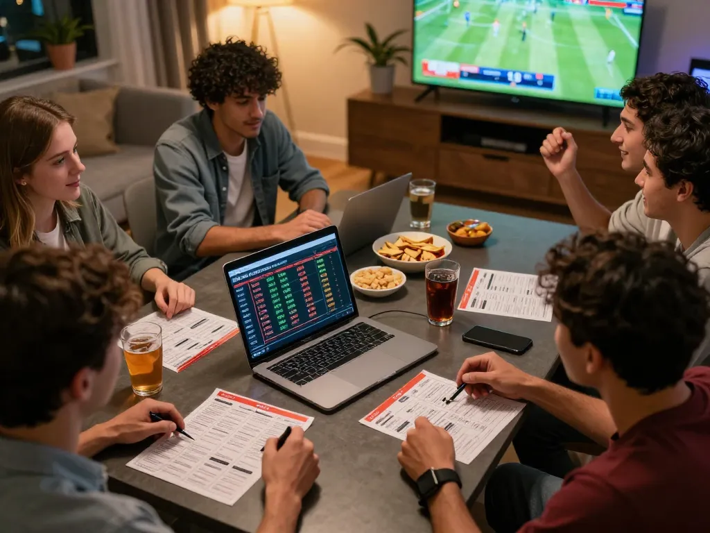 Engaging scene of friends analyzing keonhacai sports betting slips at home, creating excitement during game night