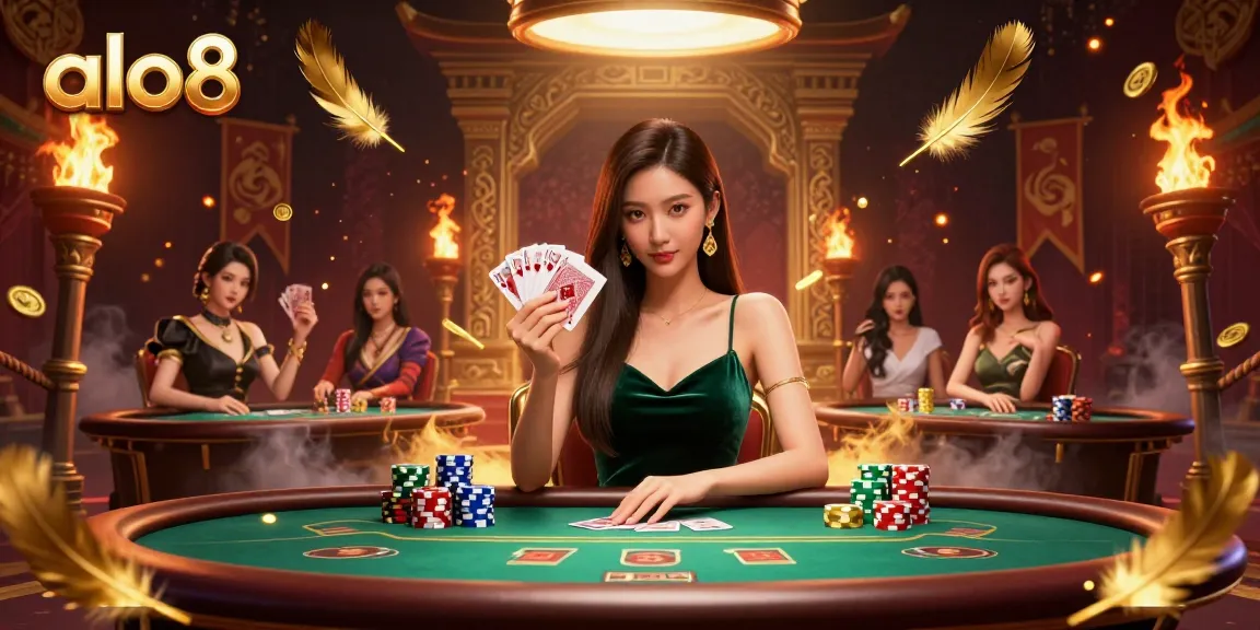 Play cards at ALO8's exciting poker table with vibrant casino atmosphere.
