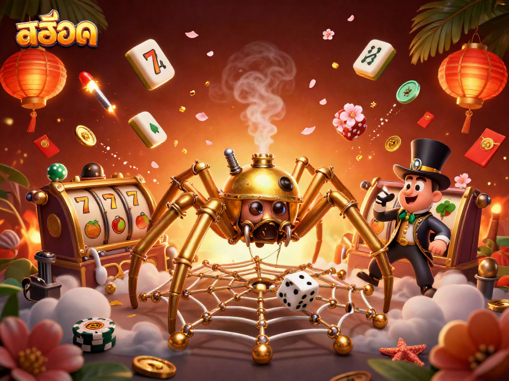 Engage in สล็อต action as a steampunk spider weaves golden webs around casino symbols
