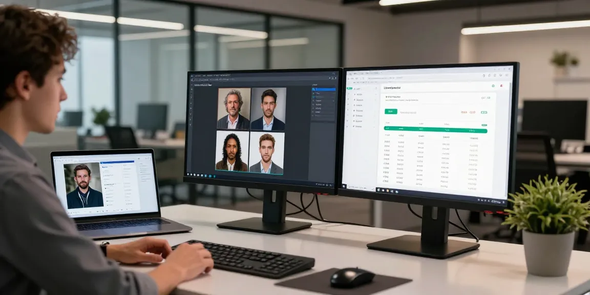 Using a free ai detector to analyze images on a developer's workstation with dual screens showing detection results.